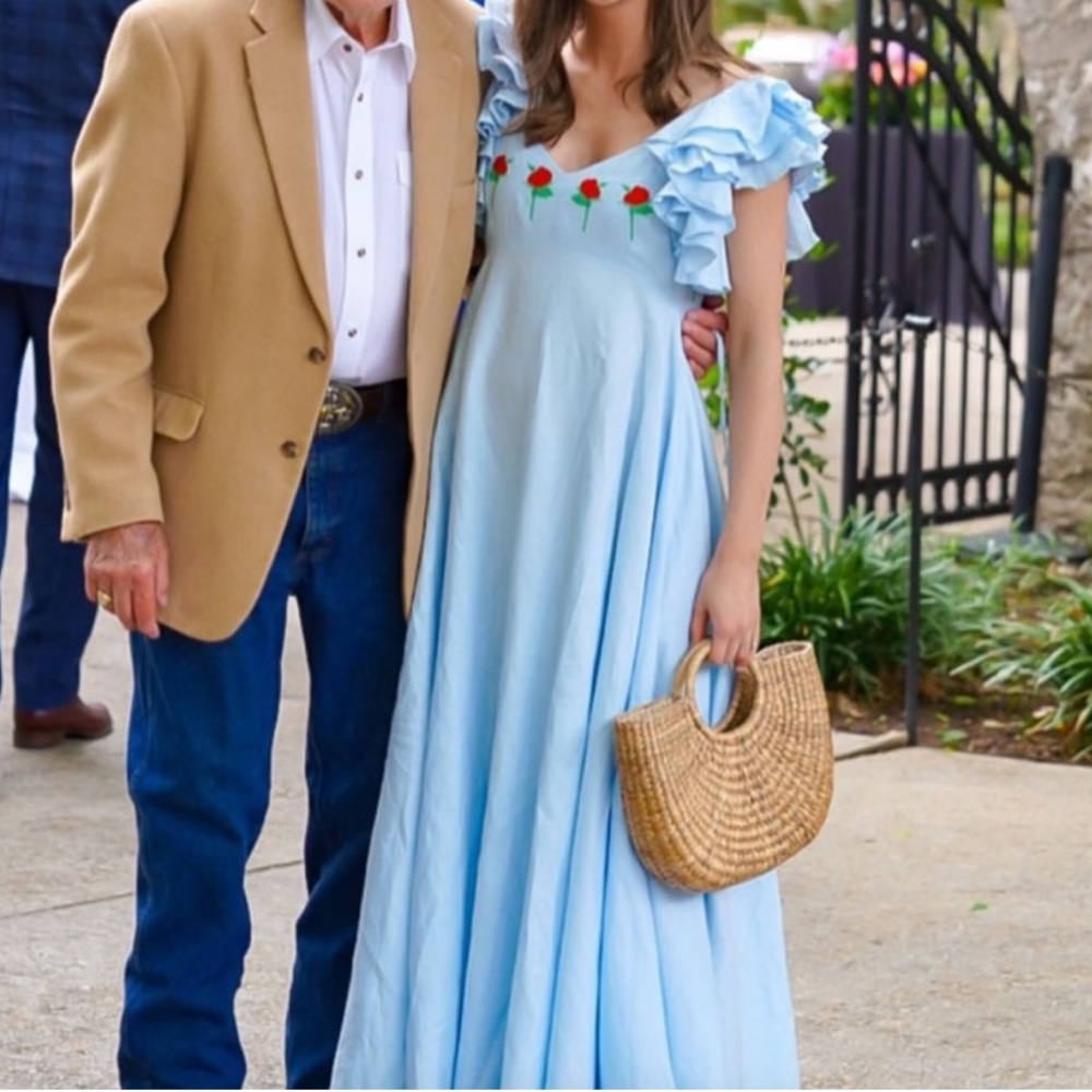 Fanm Mon Light Blue Dress with Red Floral Embroidery